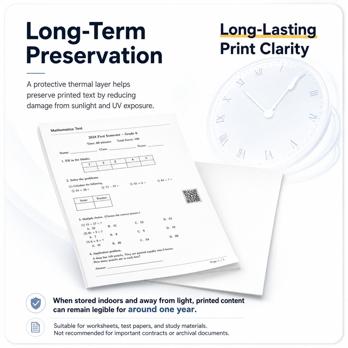Printed A4 worksheet on thermal paper, with a note that prints stay legible for around one year when stored indoors away from light