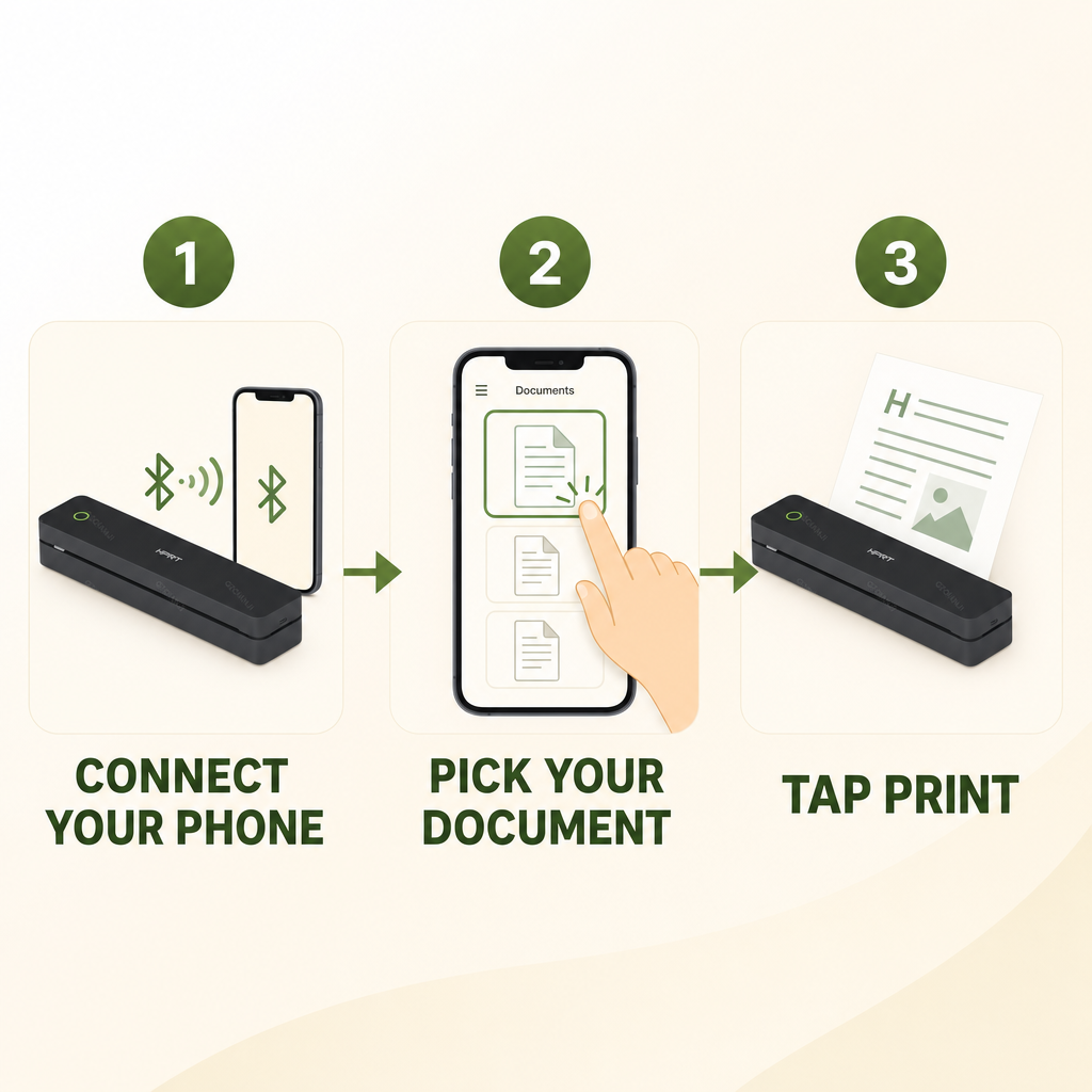 Three steps: connect your phone, pick your document, tap print