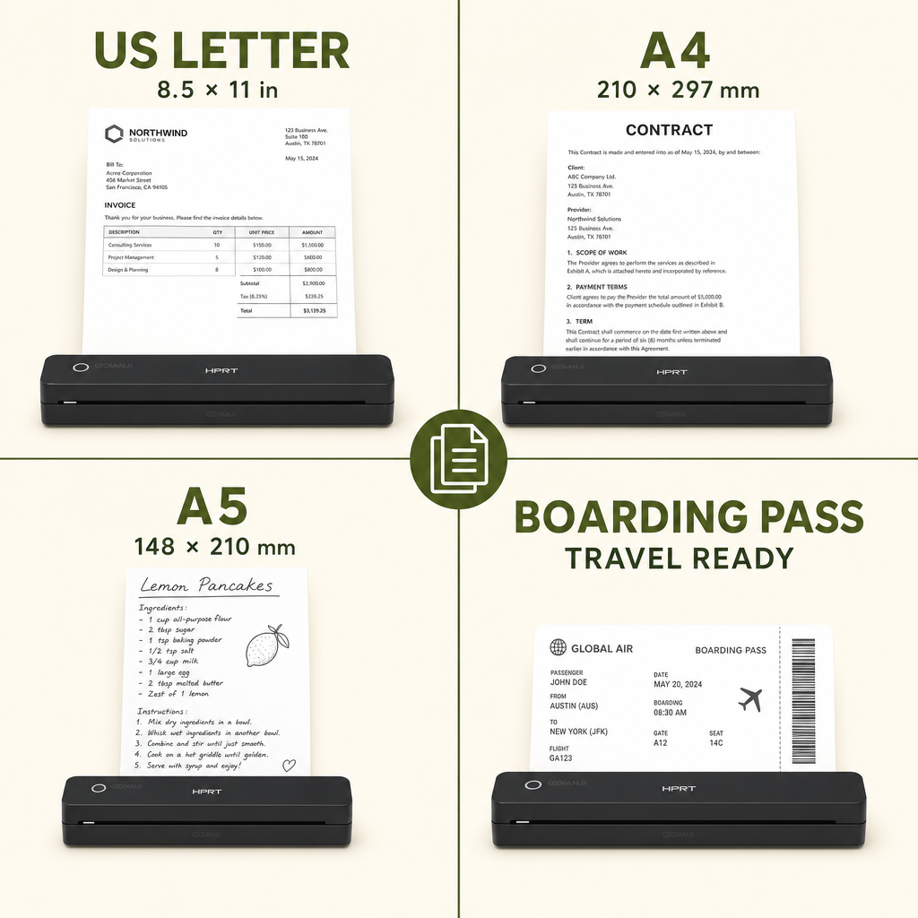 Prints on US Letter, A4 and A5 thermal paper, and boarding passes