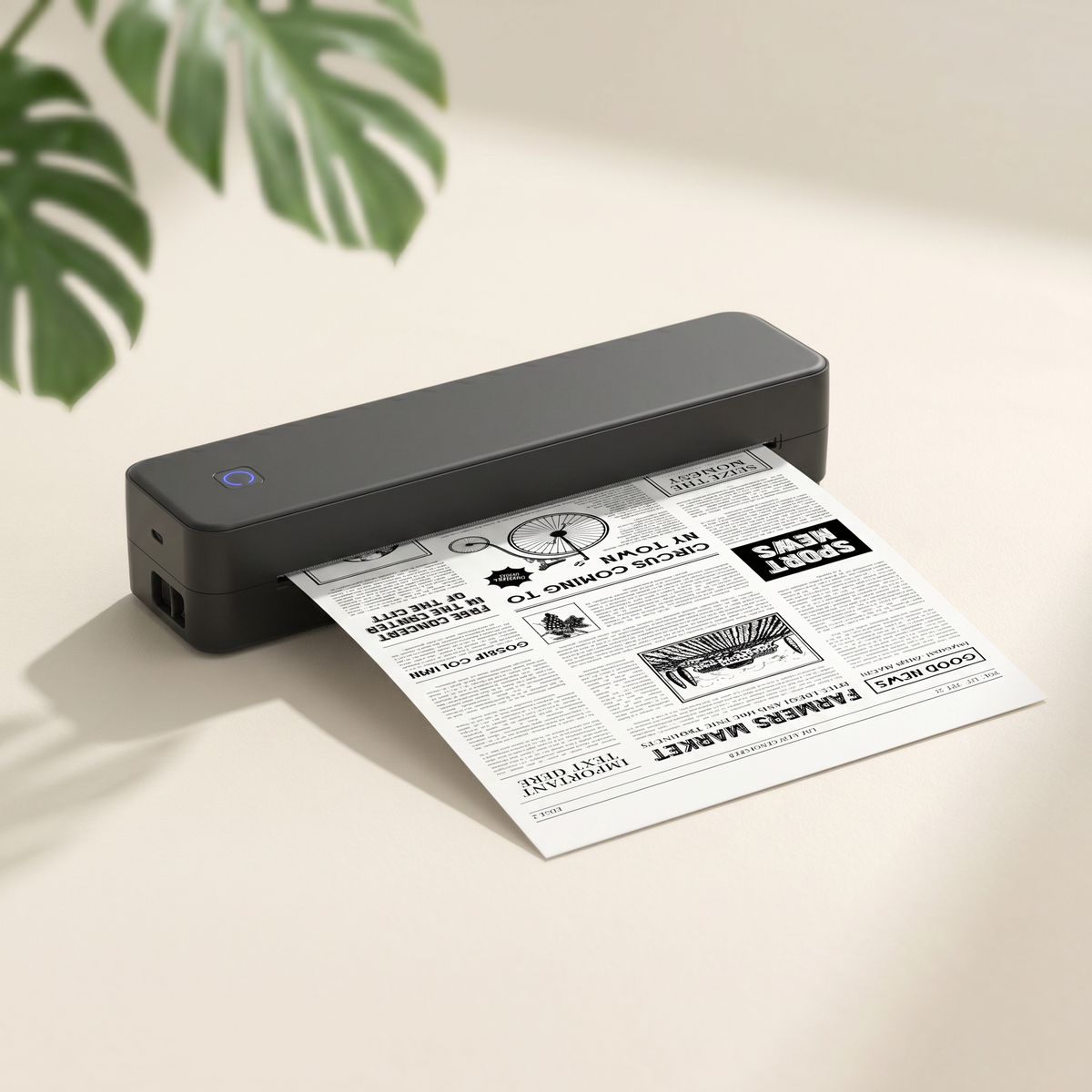 Black inkless portable printer printing a newspaper-style page on thermal paper