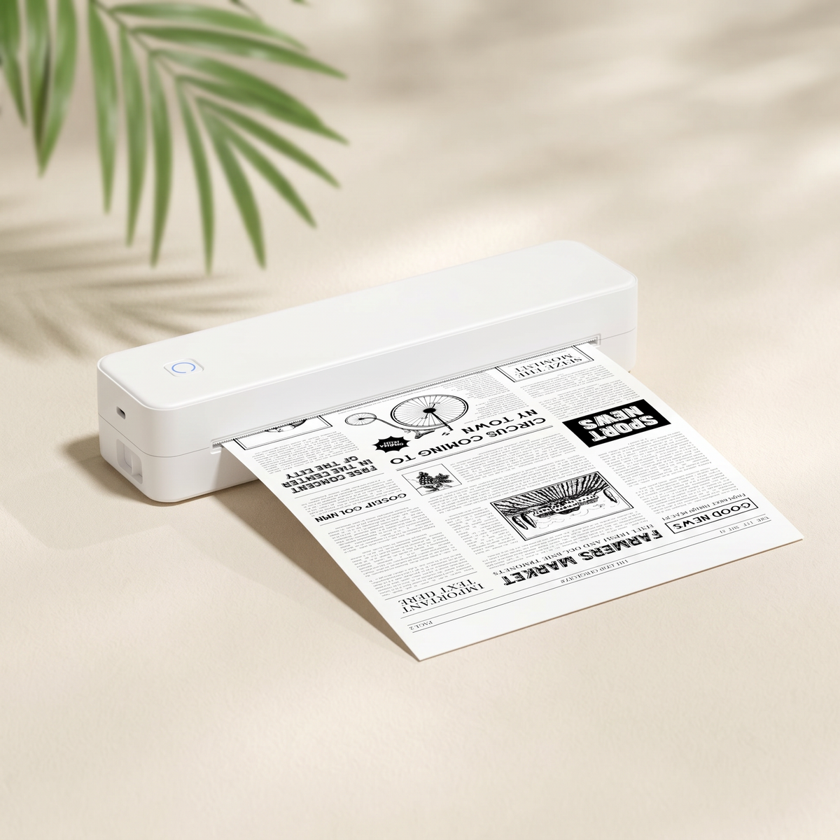 White inkless portable printer printing a newspaper-style page on thermal paper