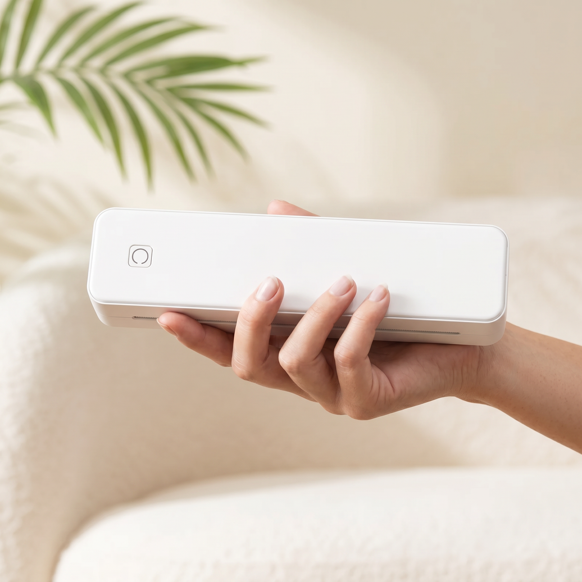 Hand holding the white inkless portable printer
