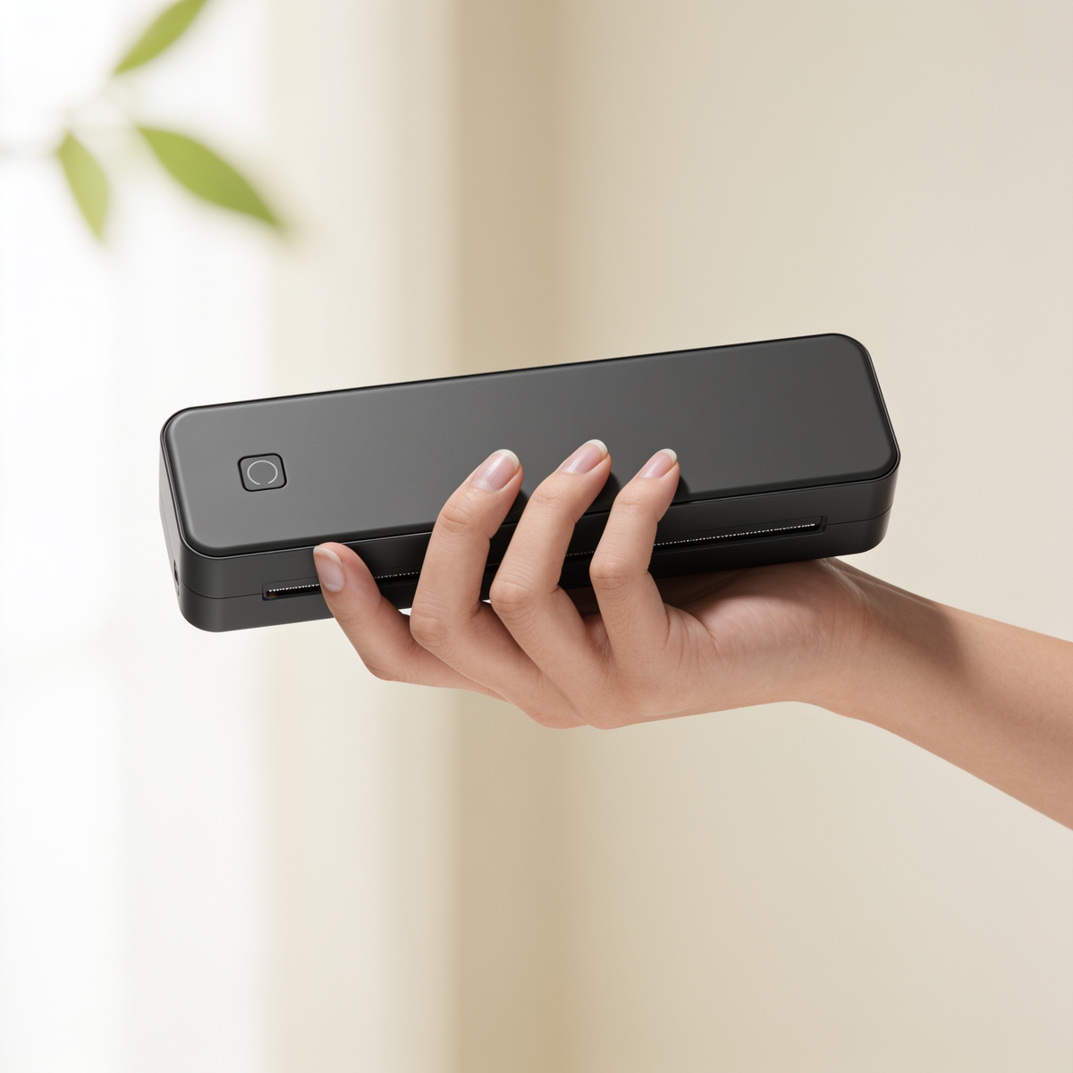 Hand holding the black inkless portable printer
