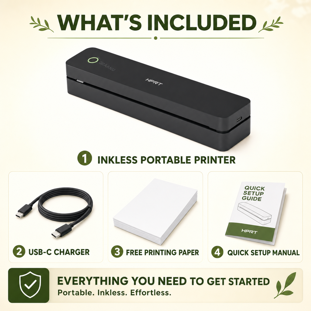 What's included: printer, USB-C charging cable, starter thermal paper and quick setup manual