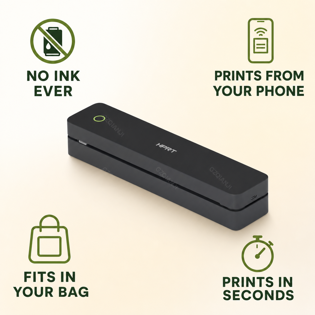 Infographic: no ink ever, prints from your phone, fits in your bag, prints in seconds