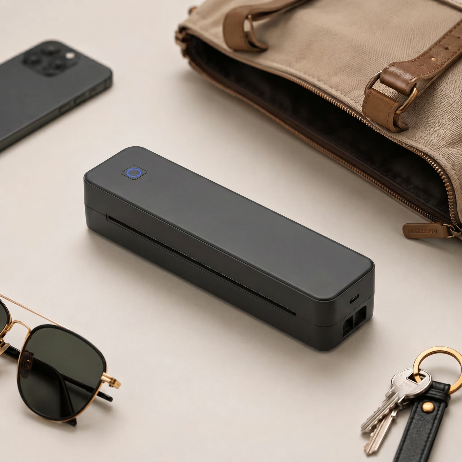 Inkless portable printer next to a canvas bag, phone and sunglasses