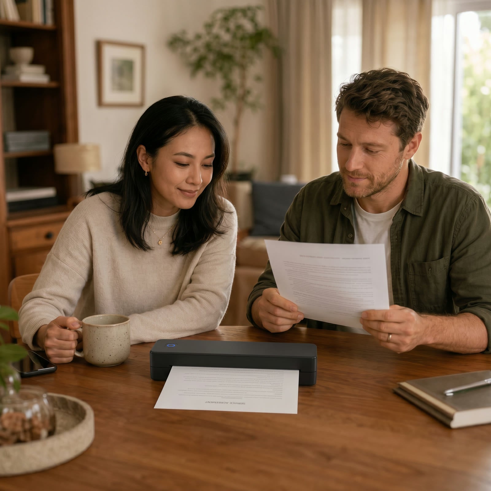 Couple reading a page printed on the portable printer at a wooden table at home