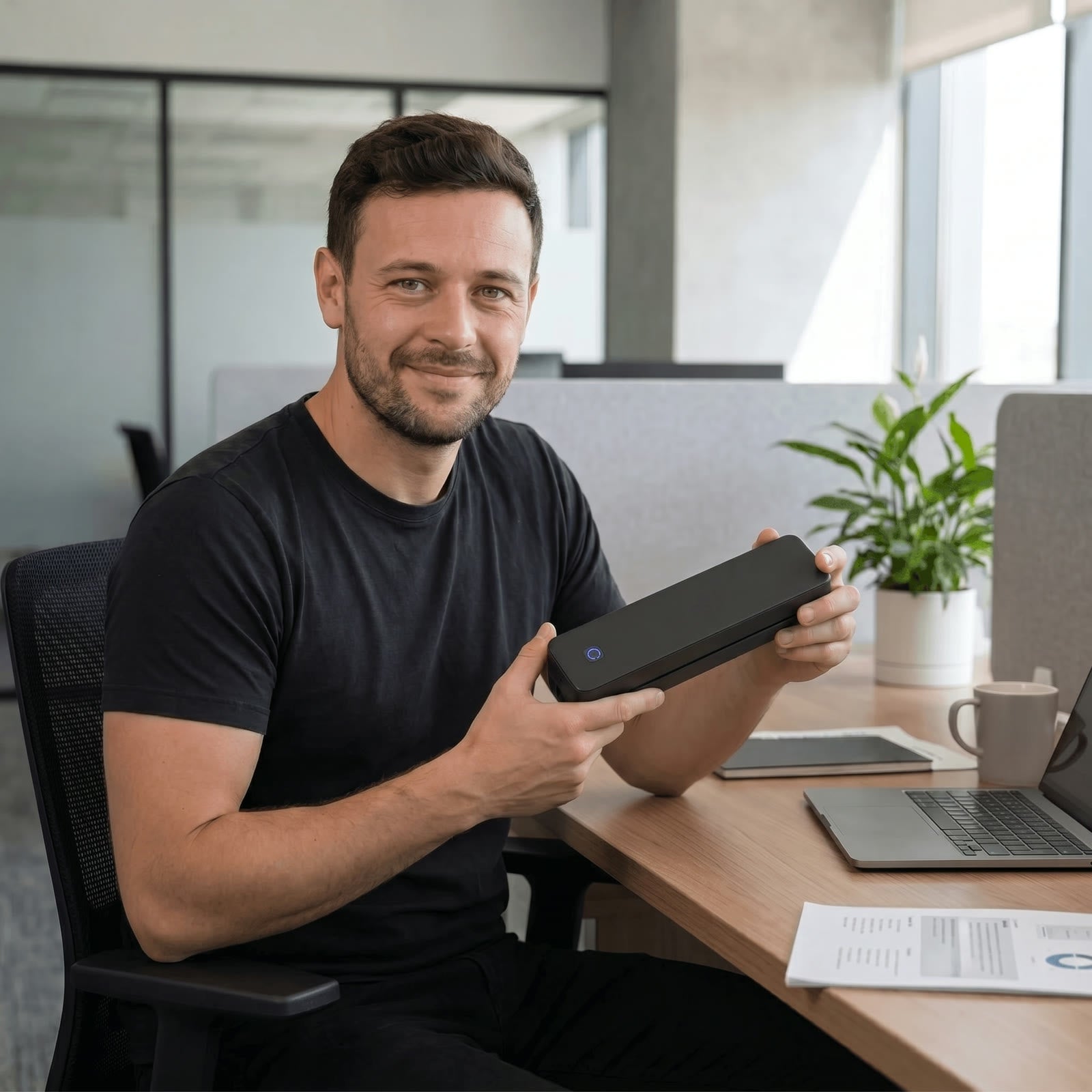 Man at his desk holding the inkless portable printer